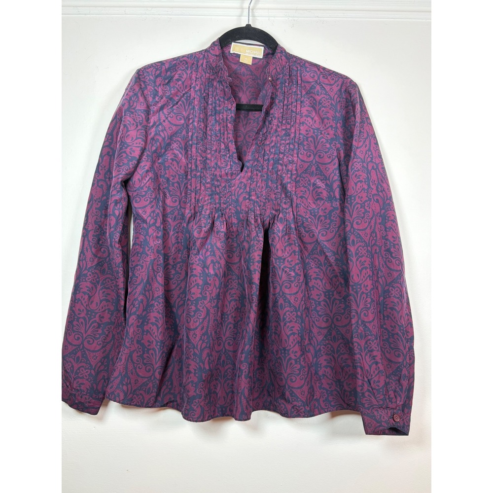 Michael Kors Pure Silk Pintuck Blouse Purple Navy Damask Paisley Top Size 6